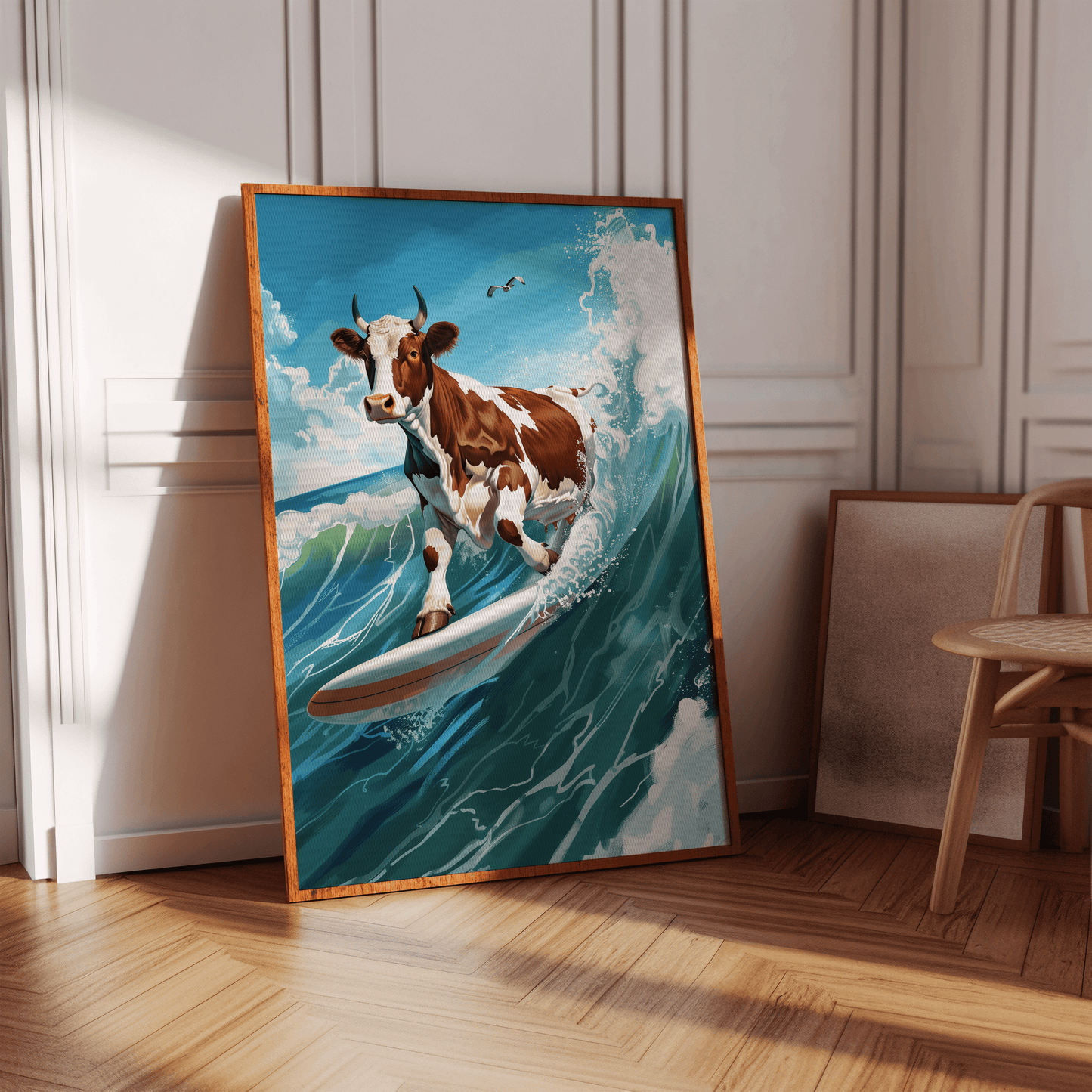 A painting of a cow surfing on a wave in sunny San Diego, in a white Victorian hallway in view of natural sunlight.