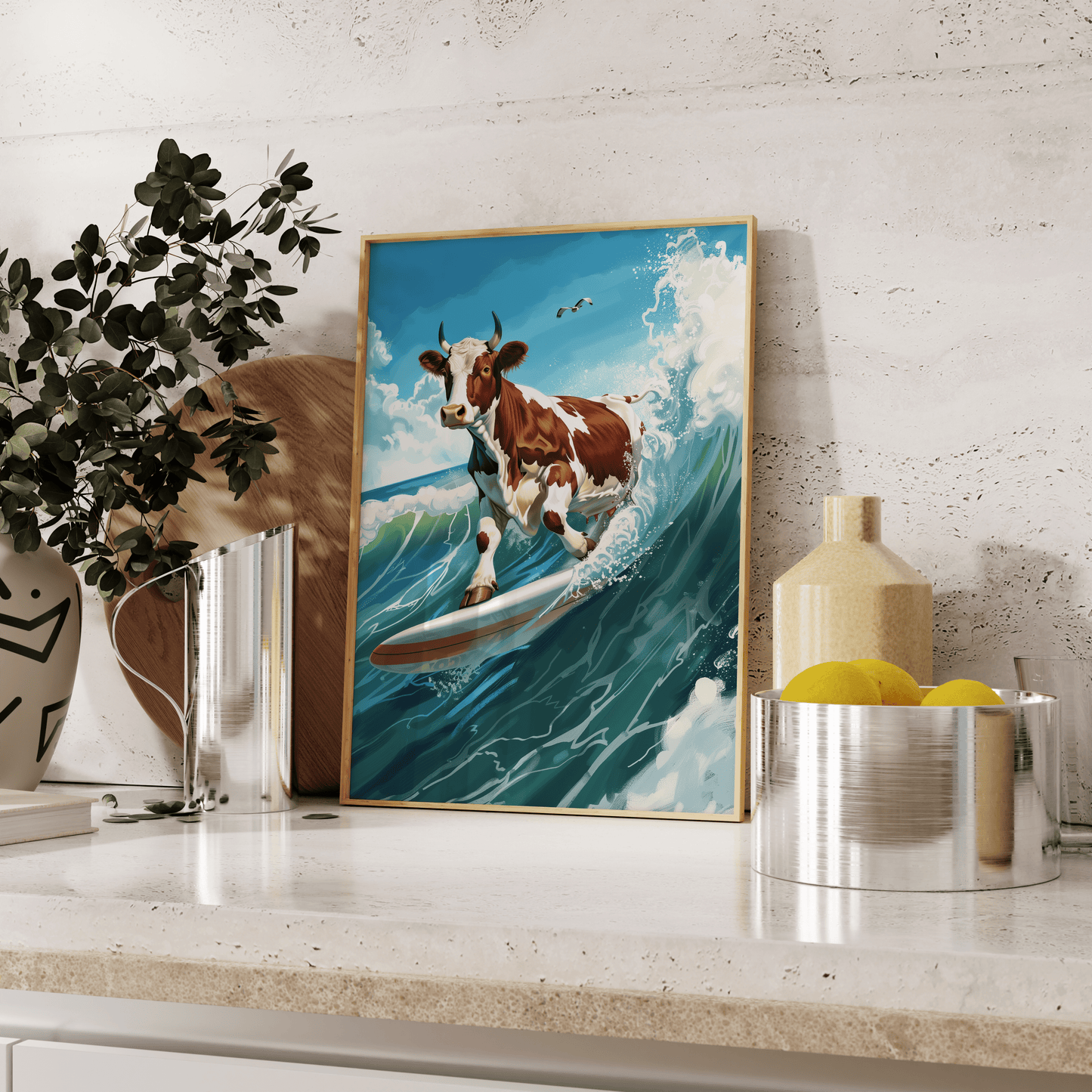 Paw Prints painting of a cow surfing on a wave in sunny San Diego, leaning against the kitchen counter.