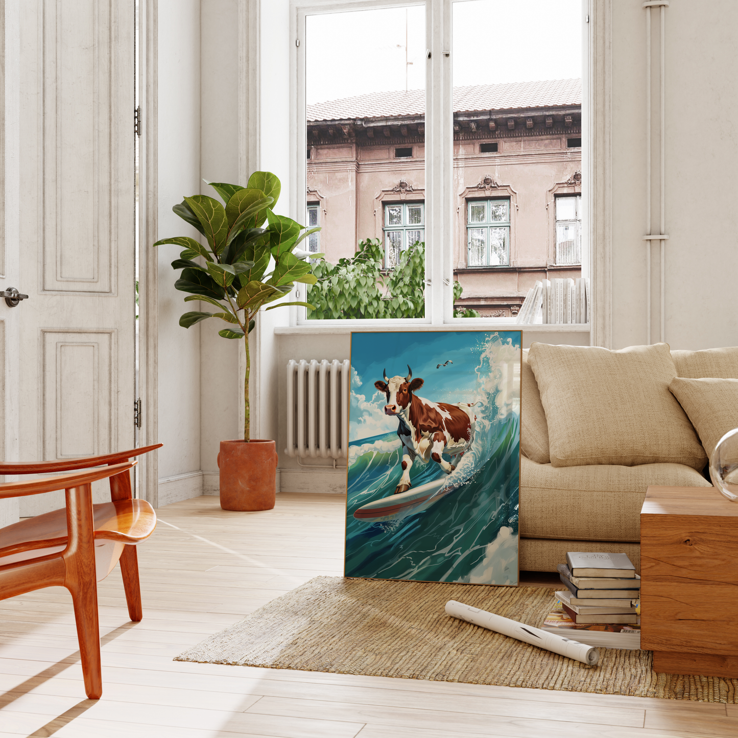 Paw Prints painting of a cow surfing on a wave in sunny San Diego, leaning against the living room couch.