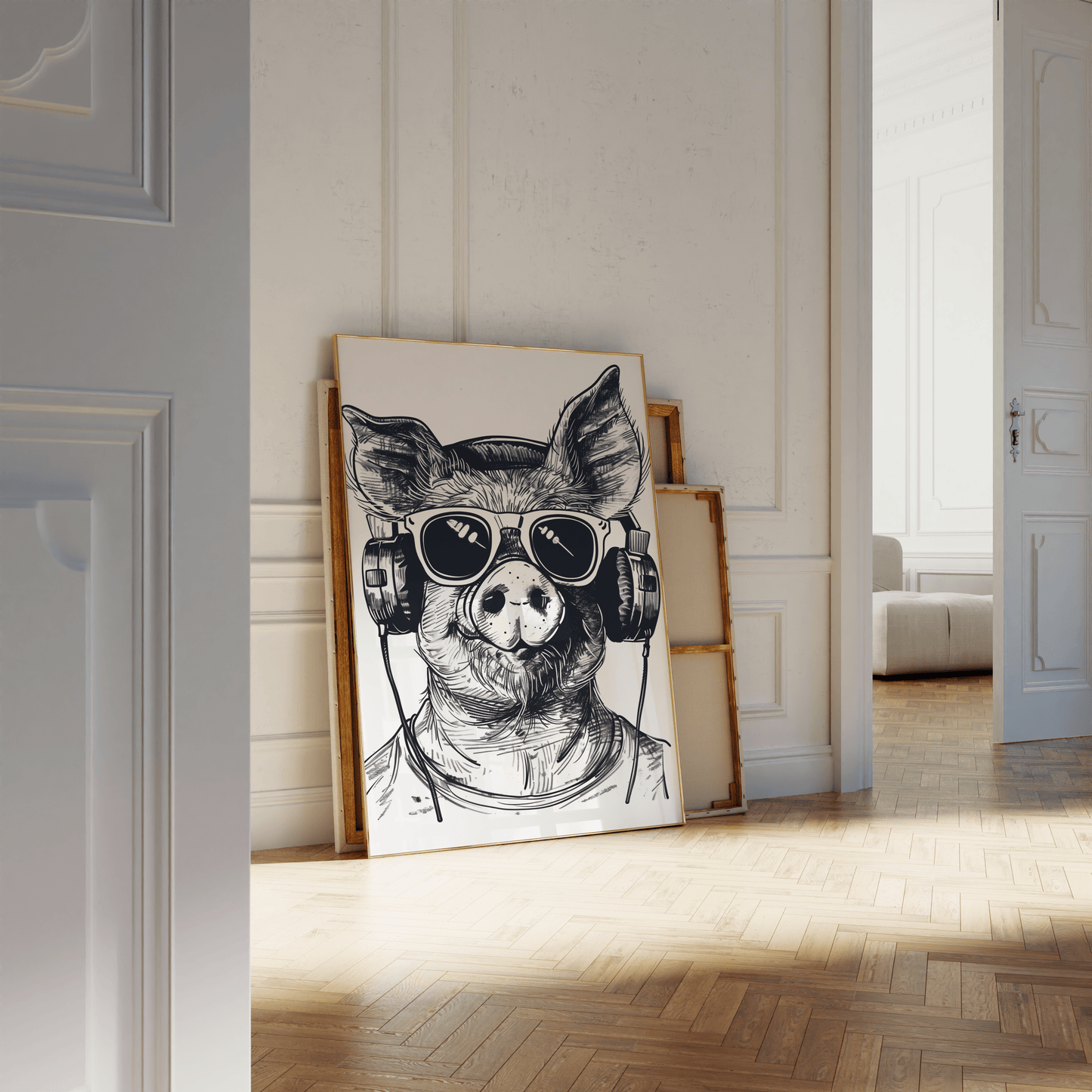 Paw Prints framed poster of a sketch of a hipster DJ pig wearing headphones and shades, leaning against a white bathroom wall.
