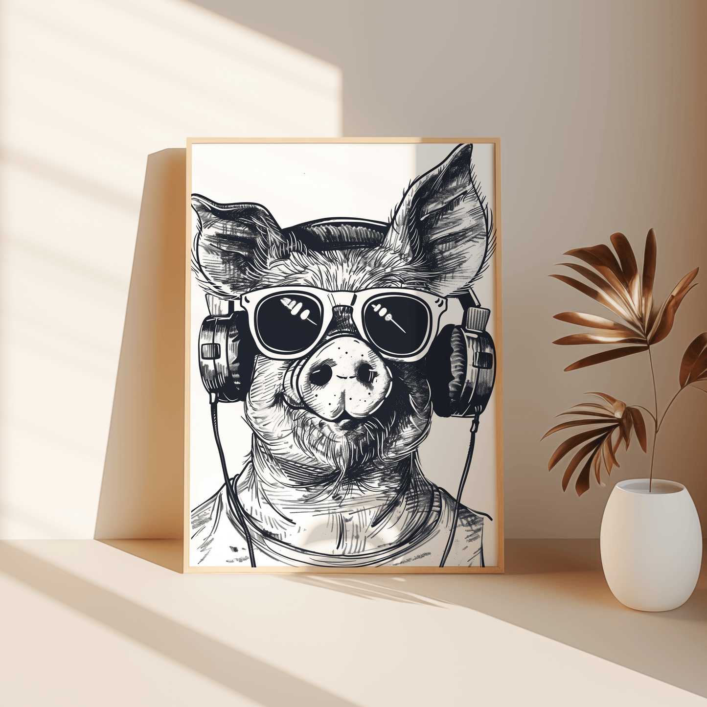 Paw Prints framed poster of a sketch of a hipster DJ pig wearing headphones and shades, leaning against the bedroom floor.