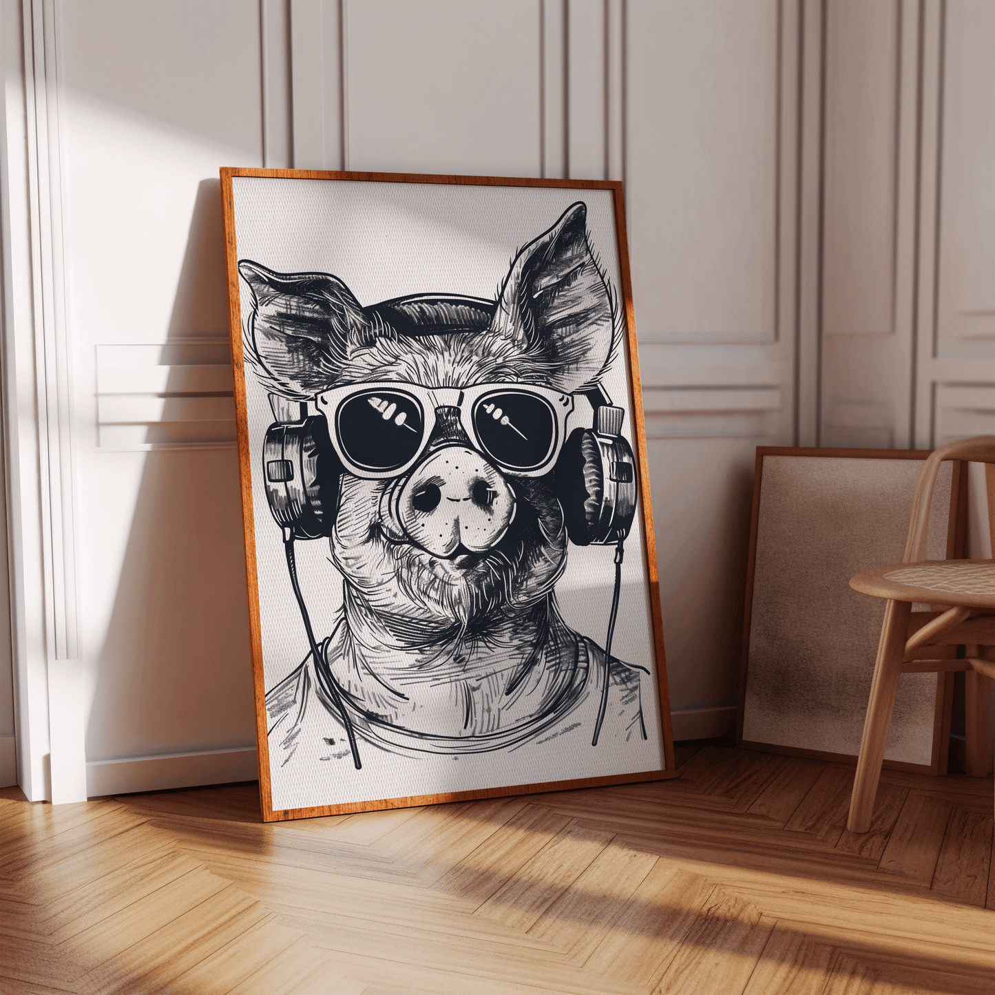 A framed poster of a pencil sketch of a hipster DJ pig wearing headphones and shades, in a hallway.
