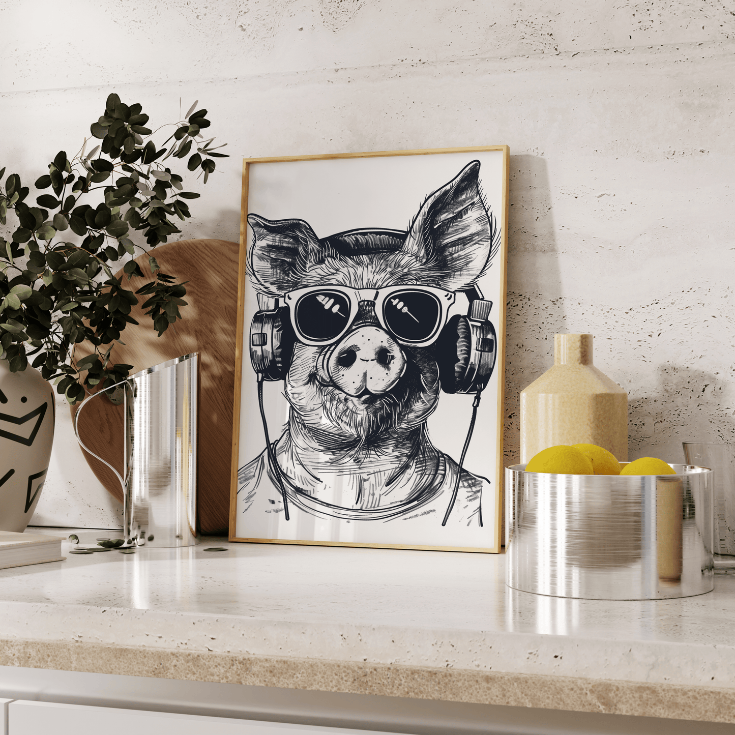 Paw Prints framed poster of a sketch of a hipster DJ pig wearing headphones and shades, leaning against the kitchen counter.