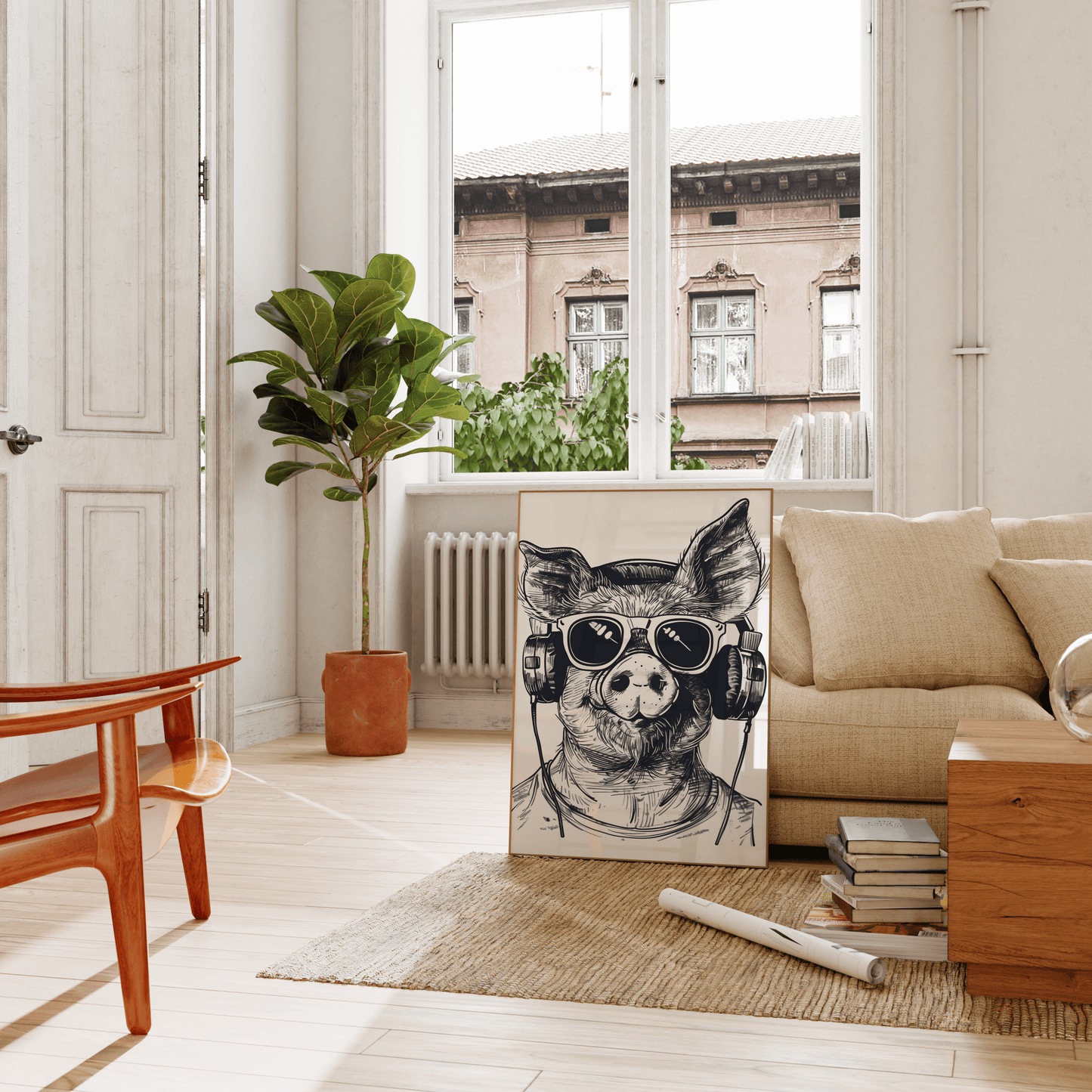 Paw Prints framed poster of a sketch of a hipster DJ pig wearing headphones and shades, leaning on a couch in the living room.