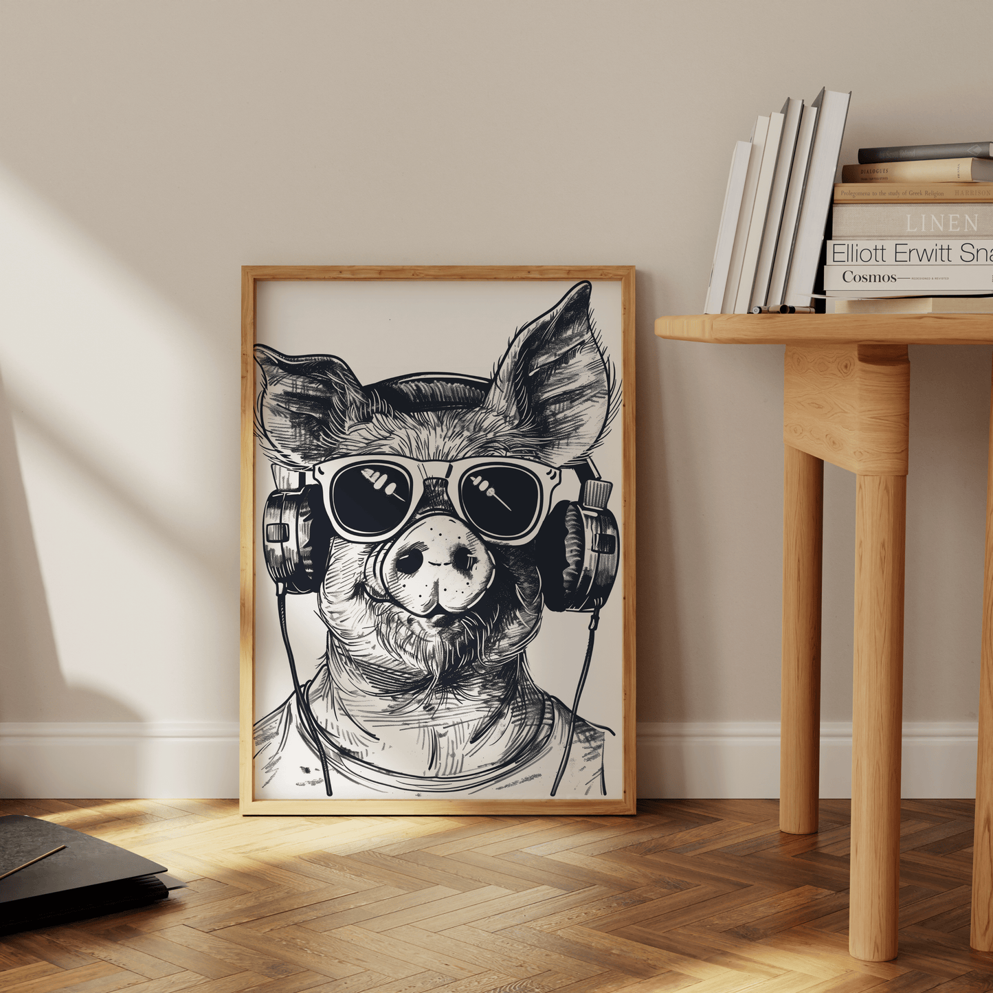 Paw Prints framed poster of a sketch of a hipster DJ pig wearing headphones and shades, leaning against the office wall.