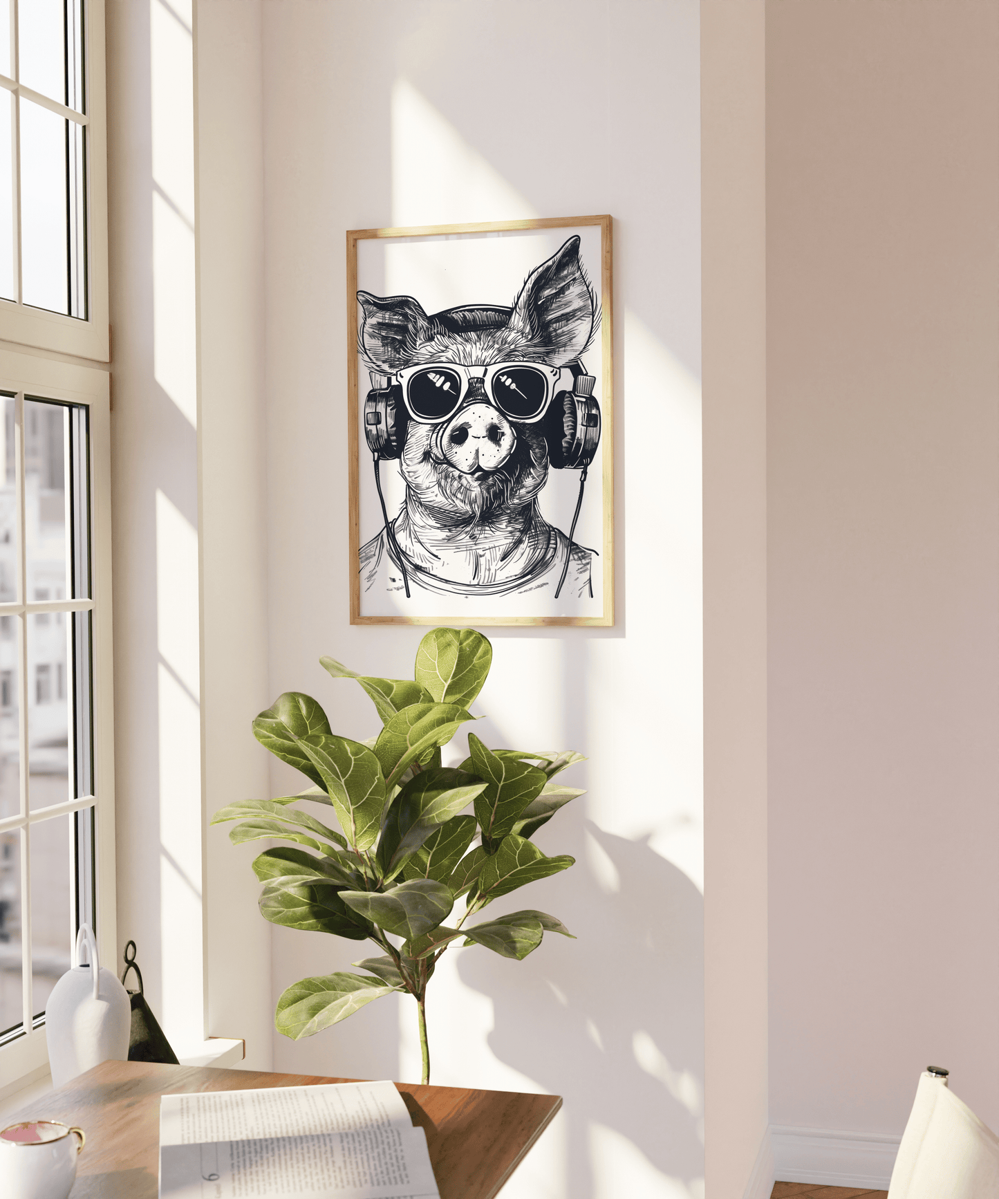 Paw Prints framed poster of a sketch of a hipster DJ pig wearing headphones and shades, on a blank wall.