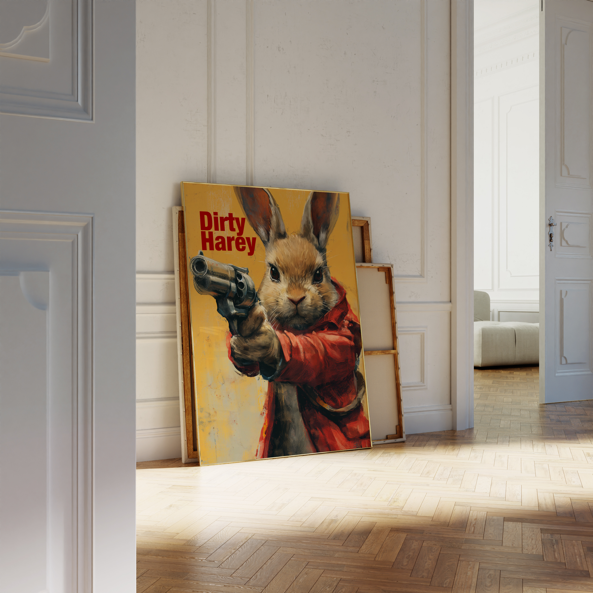 Paw Prints painting of a rabbit pointing a revolver, with the title "Dirty Harey", leaning against a white bathroom wall.