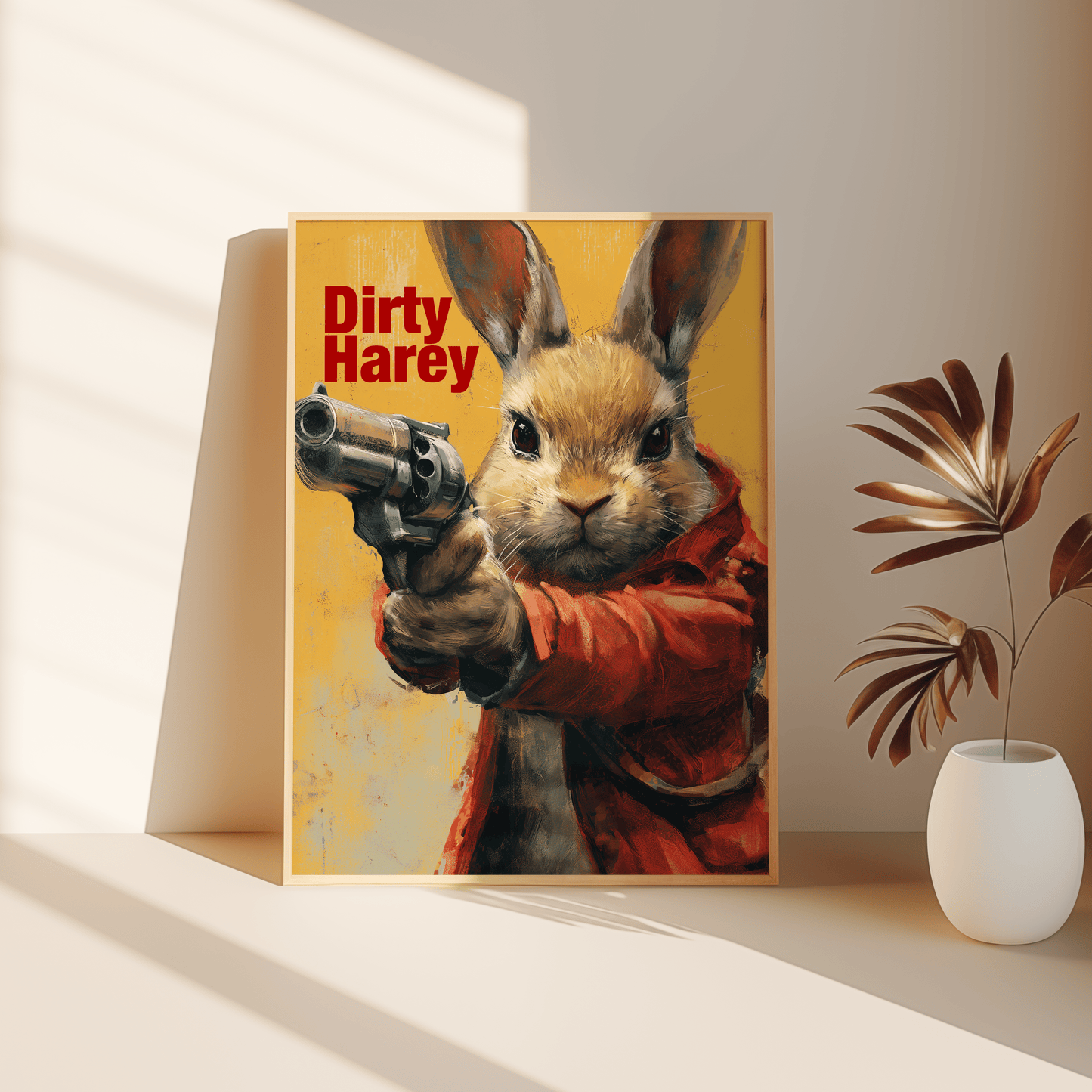 Paw Prints painting of a rabbit pointing a revolver, with the title "Dirty Harey", leaning against the bedroom floor.