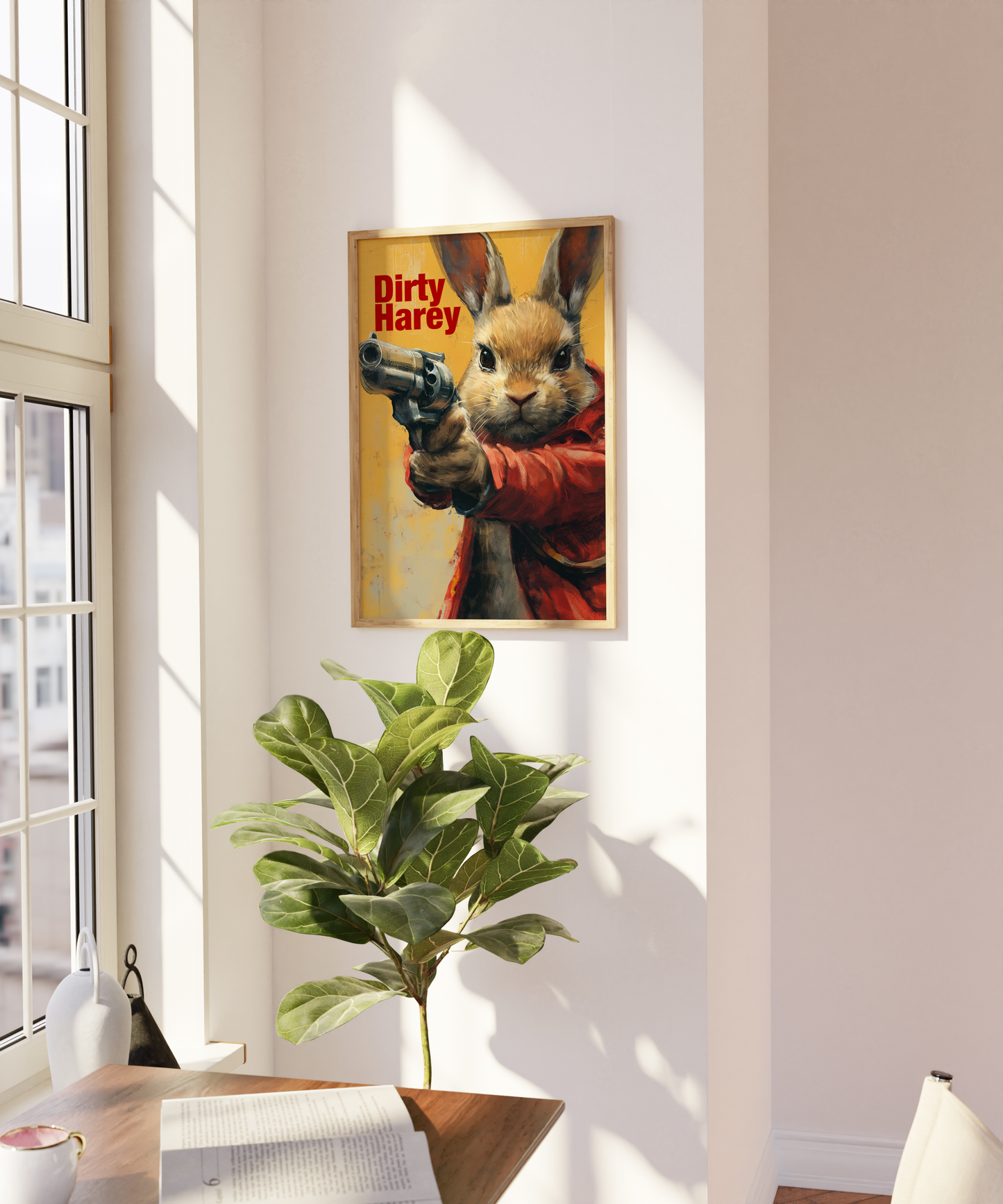 Paw Prints painting of a rabbit pointing a revolver, with the title "Dirty Harey", on a blank wall.