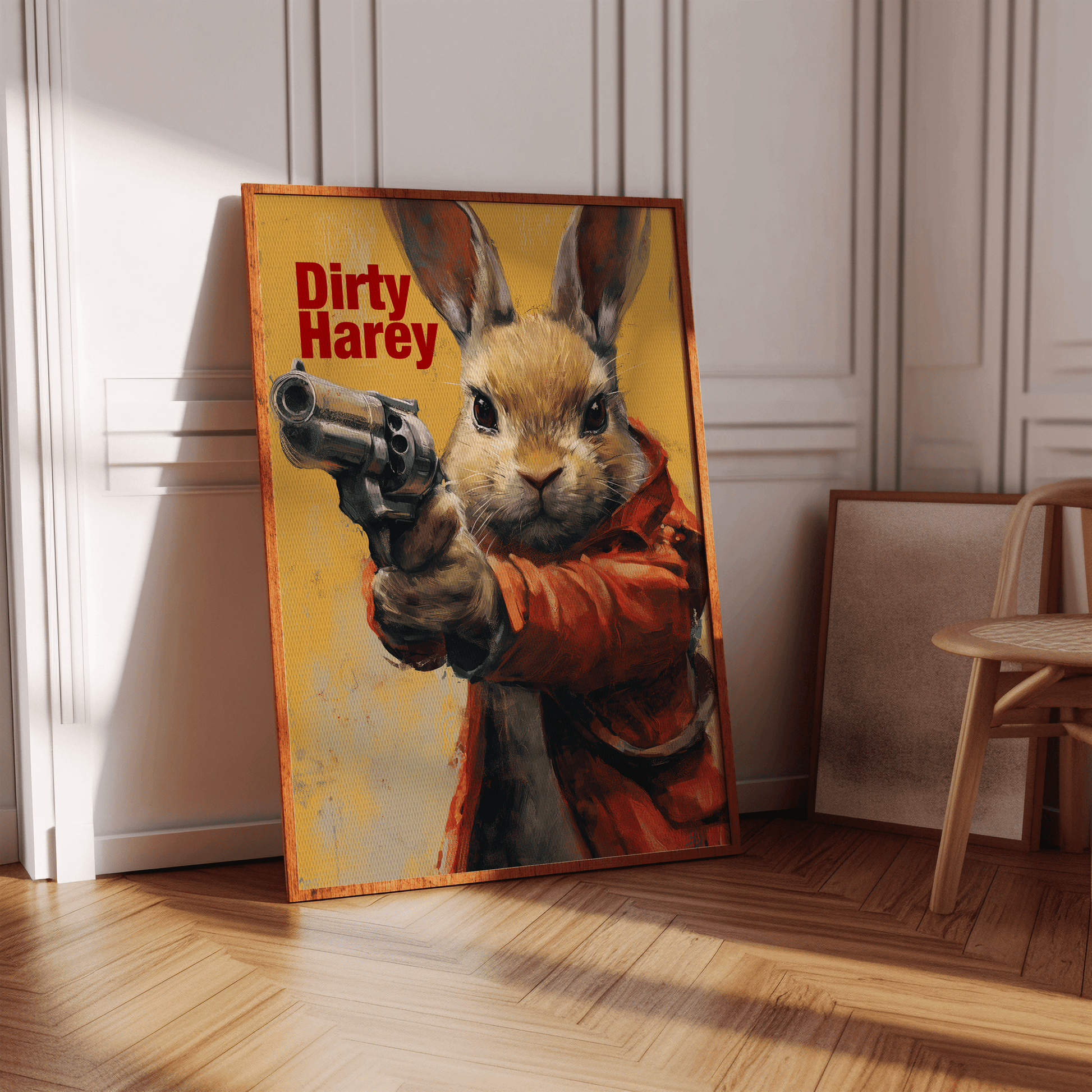 Framed painting of a rabbit pointing a revolver, wearing a trench coat with the title "Dirty Harey", in the Hallway.