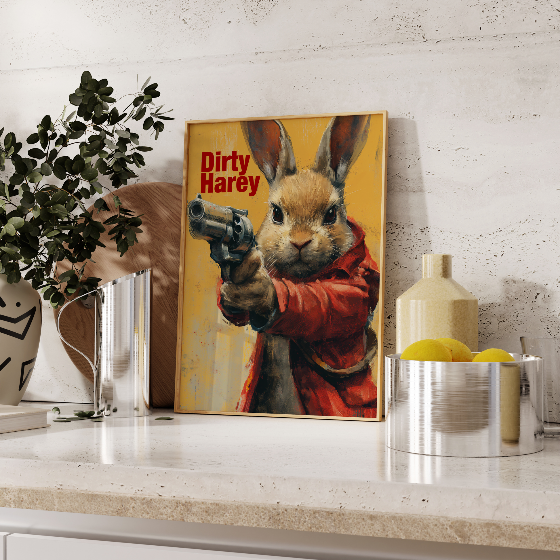 Paw Prints painting of a rabbit pointing a revolver, with the title "Dirty Harey", leaning against the kitchen counter.