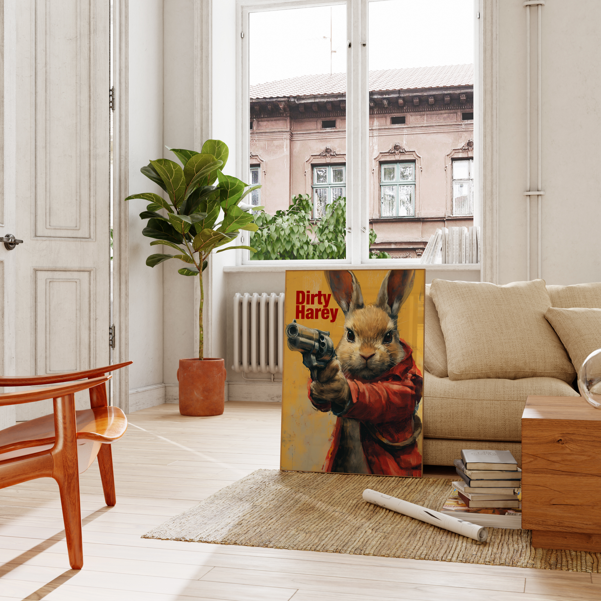 Paw Prints painting of a rabbit pointing a revolver, with the title "Dirty Harey", leaning on a couch in the living room.