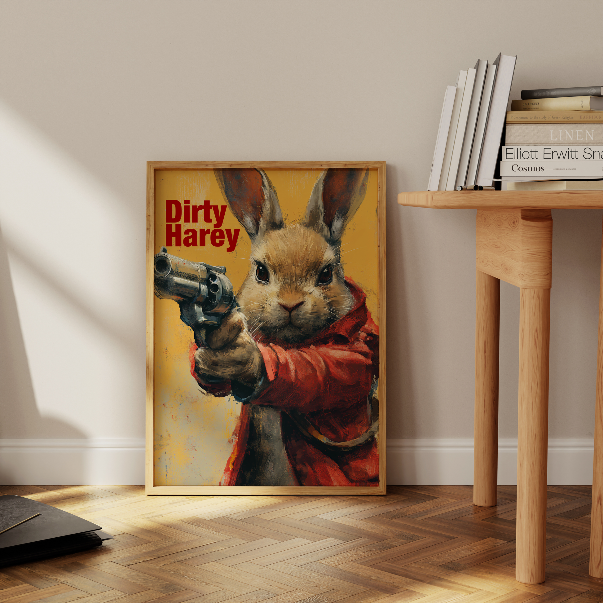 Paw Prints painting of a rabbit pointing a revolver, with the title "Dirty Harey", leaning against the office wall.