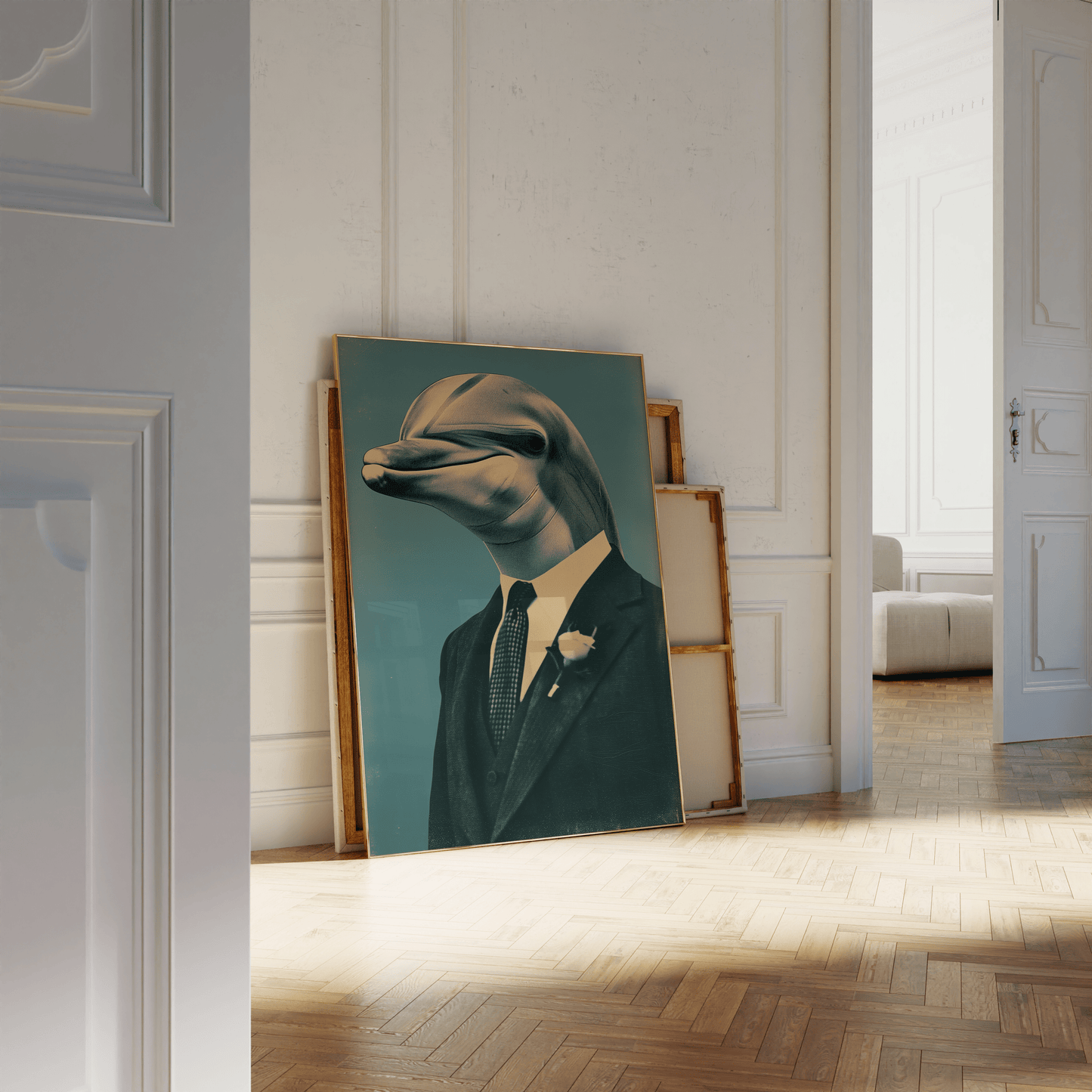 Vintage poster of a dolphin prom date wearing a suit and a boutonniere, leaning against a white bathroom wall - Paw Prints