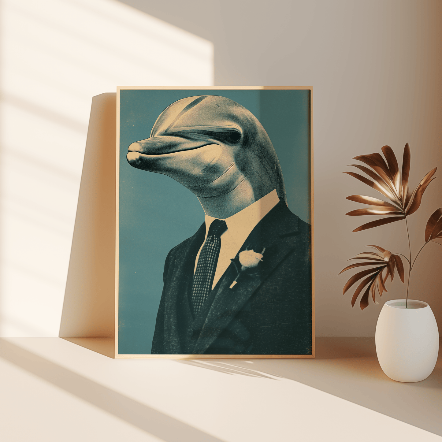 Vintage poster of a dolphin prom date wearing a suit and a boutonniere, leaning against the bedroom floor - Paw Prints
