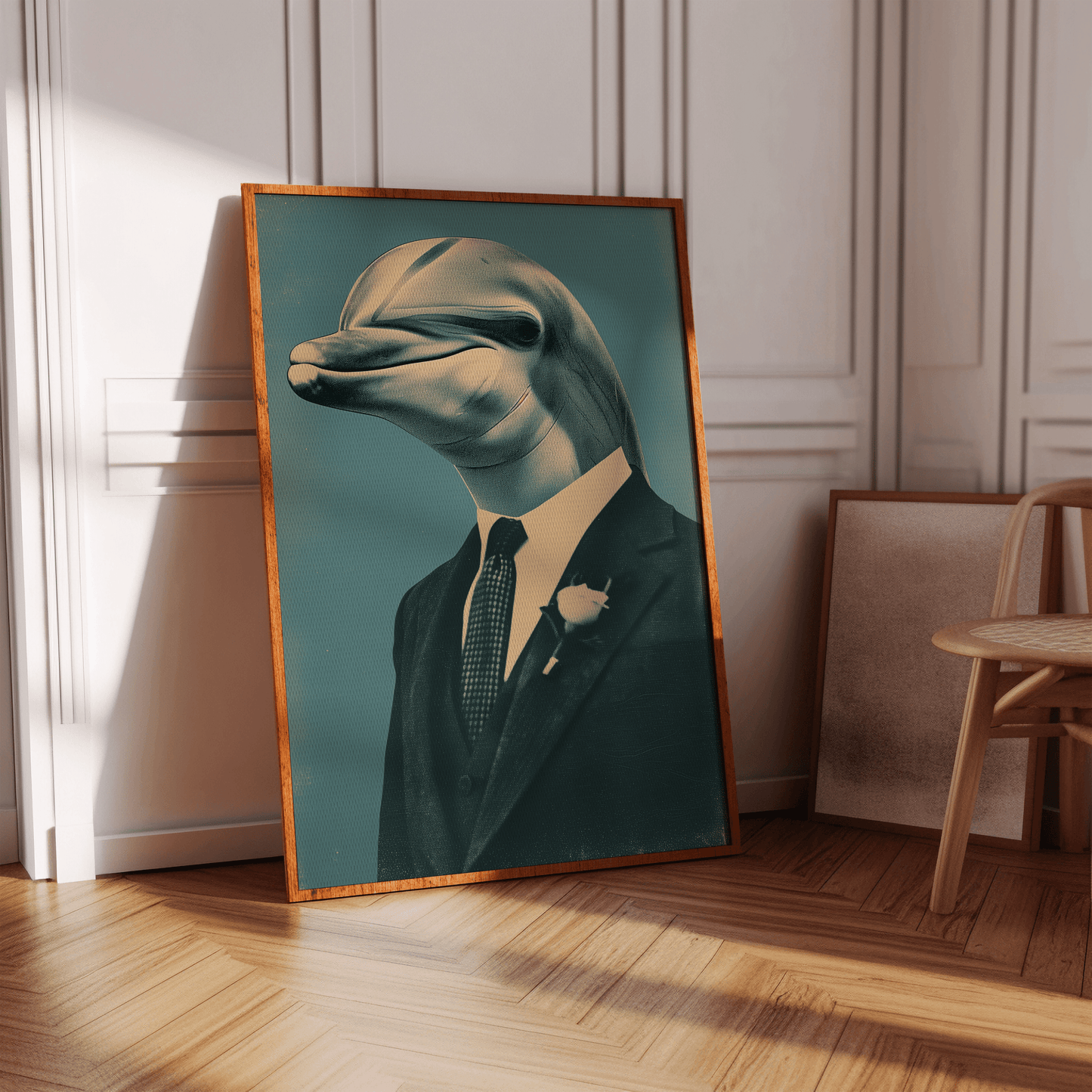 Vintage poster of a dolphin prom date wearing a suit and a boutonniere, in a hallway - Paw Prints