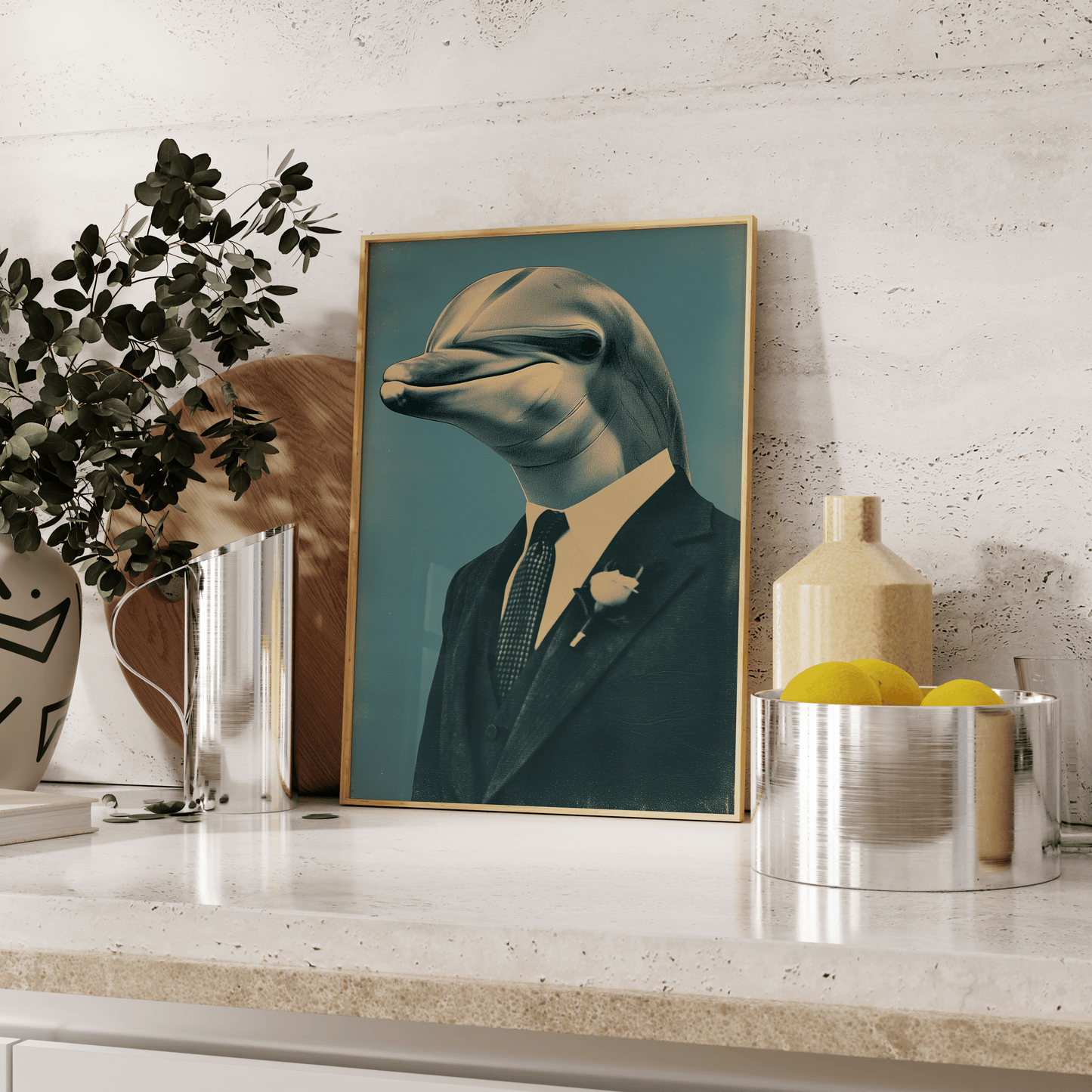 Vintage poster of a dolphin prom date wearing a suit and a boutonniere, leaning against the kitchen counter - Paw Prints