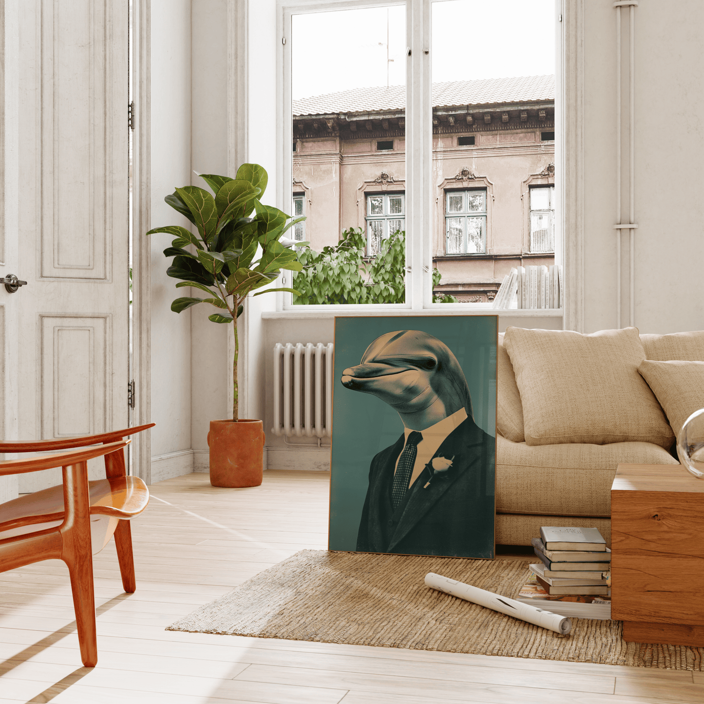 Vintage poster of a dolphin prom date wearing a suit and a boutonniere, leaning on a couch in the living room - Paw Prints