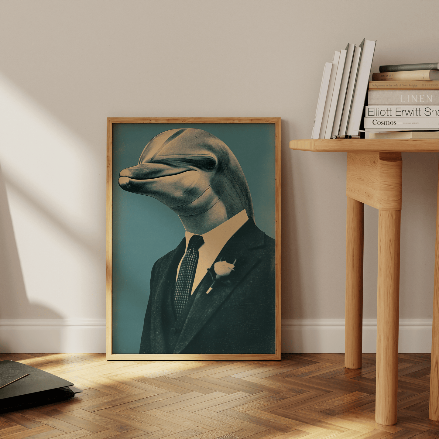 Vintage poster of a dolphin prom date wearing a suit and a boutonniere, leaning against the office wall - Paw Prints
