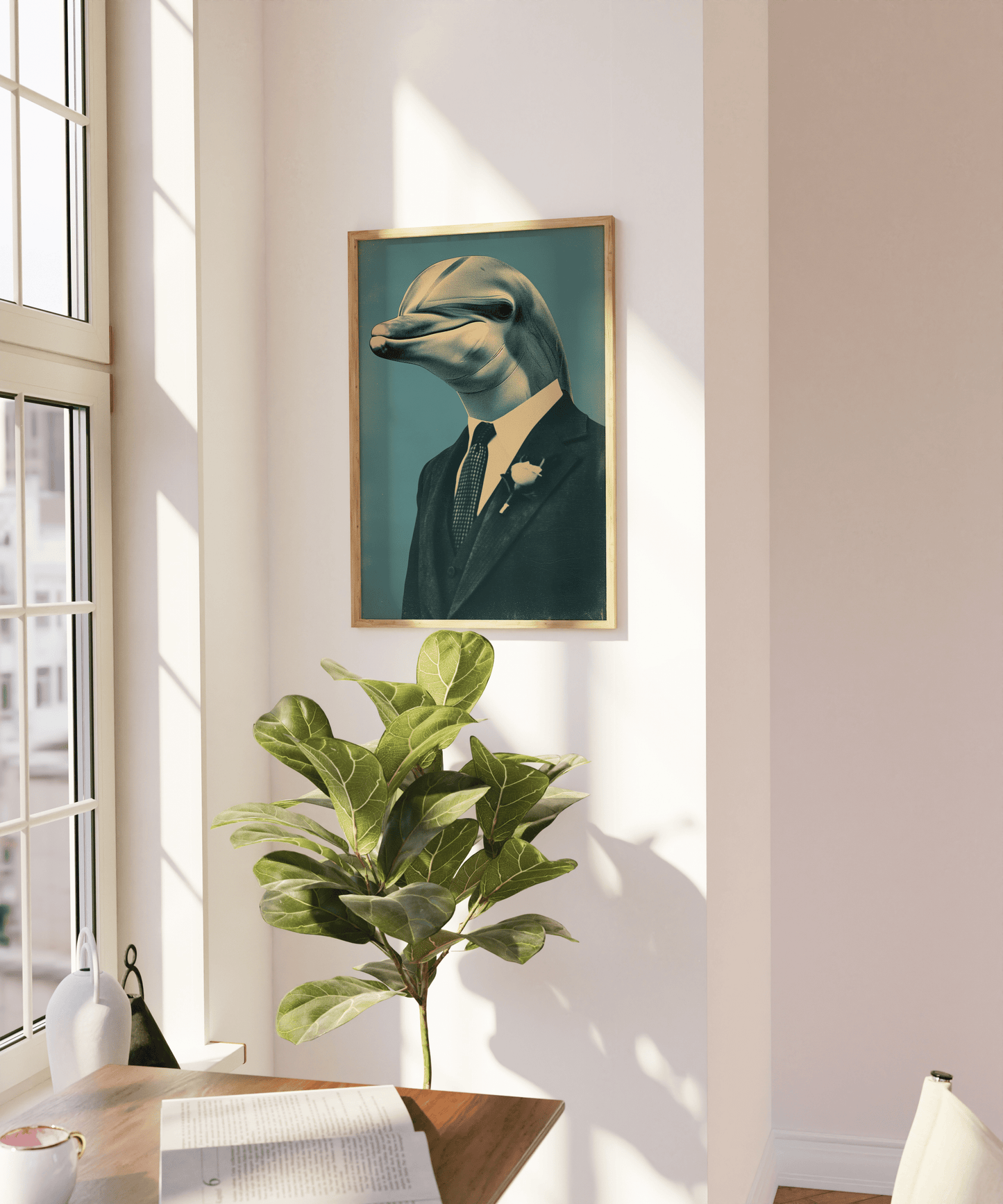 Vintage poster of a dolphin prom date wearing a suit and a boutonniere, on a blank wall - Paw Prints