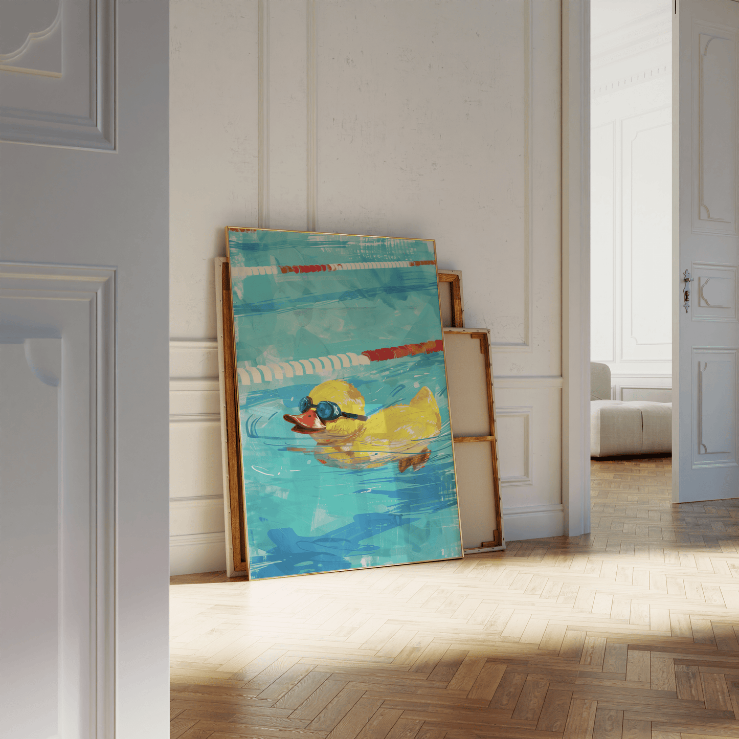 A painting of a rubber ducky with goggles, swimming intensely in a lane pool, leaning against a white bathroom wall.