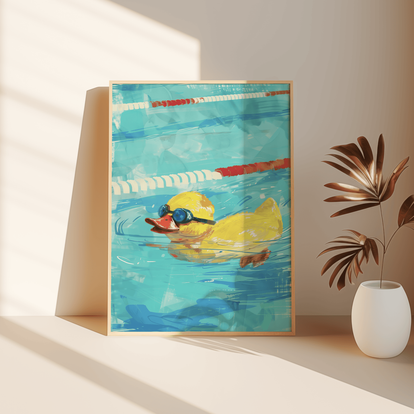 A painting of a rubber ducky with goggles, swimming intensely in a lane pool, leaning against the bedroom floor.