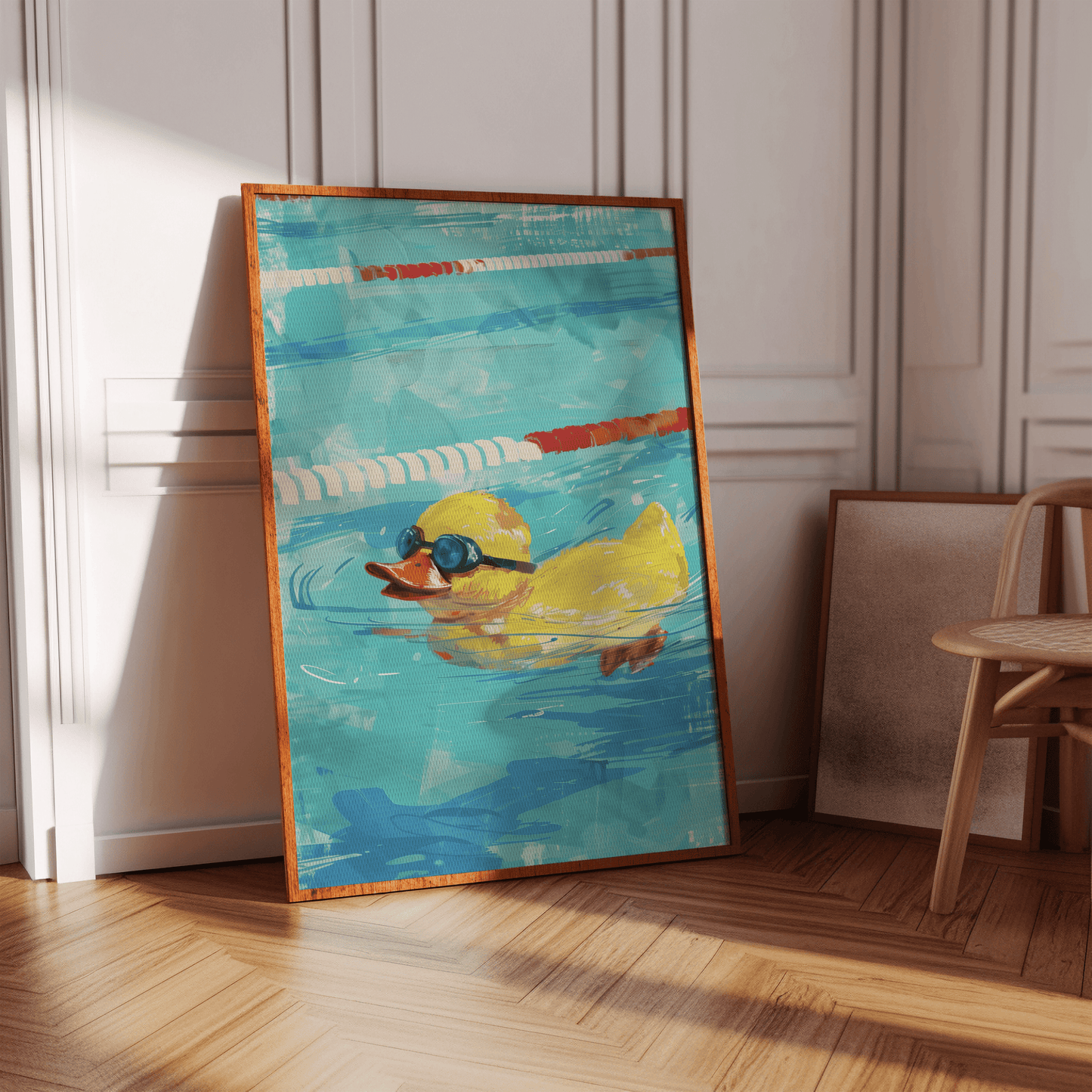 A painting of a rubber ducky swimming in a lane pool, with goggles and swimming intensely, in a hallway in view of sunlight.