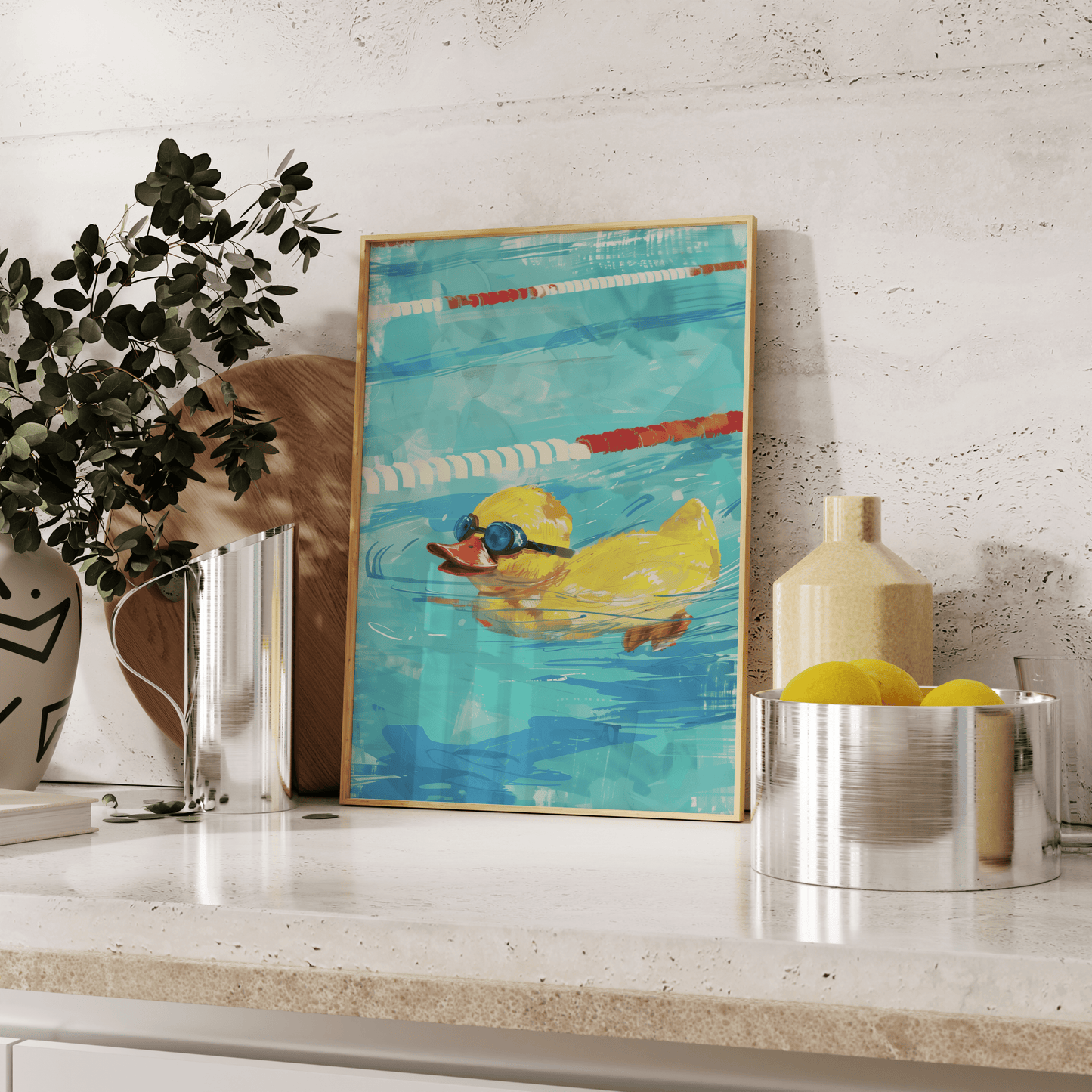 A painting of a rubber ducky with goggles, swimming intensely in a lane pool, leaning against the kitchen counter.