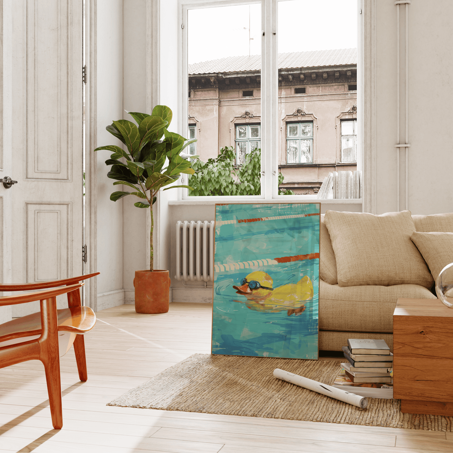 A painting of a rubber ducky with goggles, swimming intensely in a lane pool, leaning on a couch in the living room.