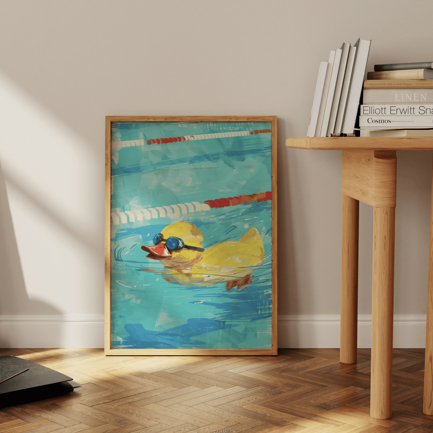 A painting of a rubber ducky with goggles, swimming intensely in a lane pool, leaning against the office wall.