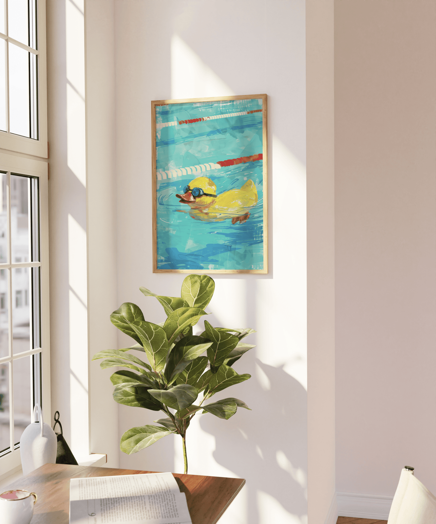 A painting of a rubber ducky with goggles, swimming intensely in a lane pool, on a blank wall.