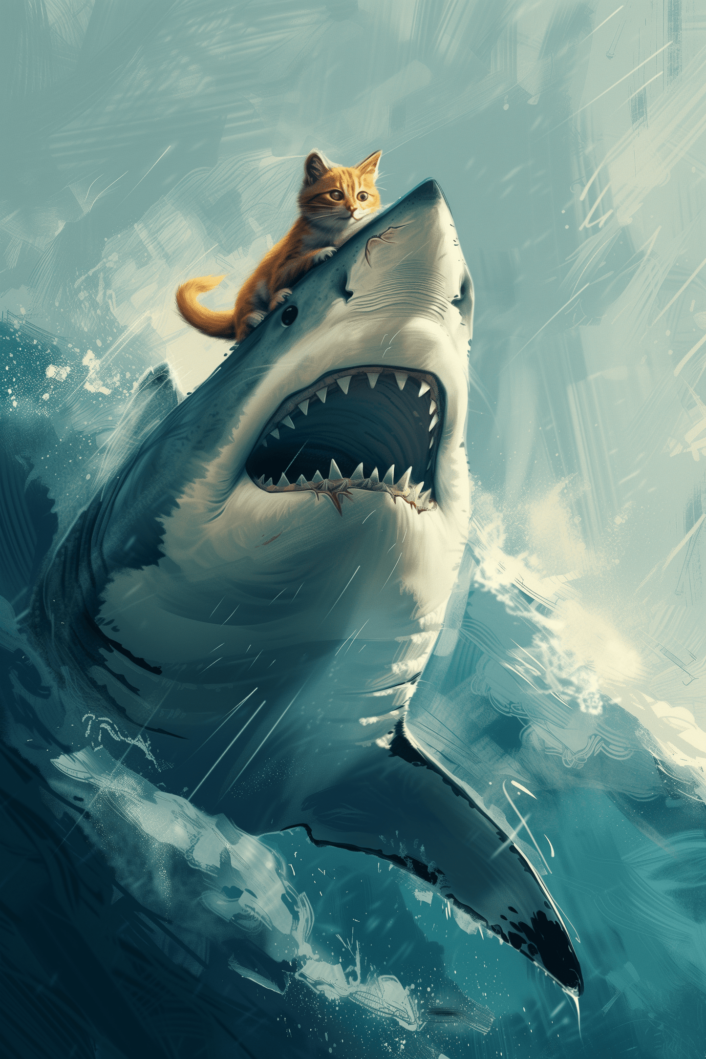 Paw Prints poster of a cute orange cat riding on top of an angry great white shark.