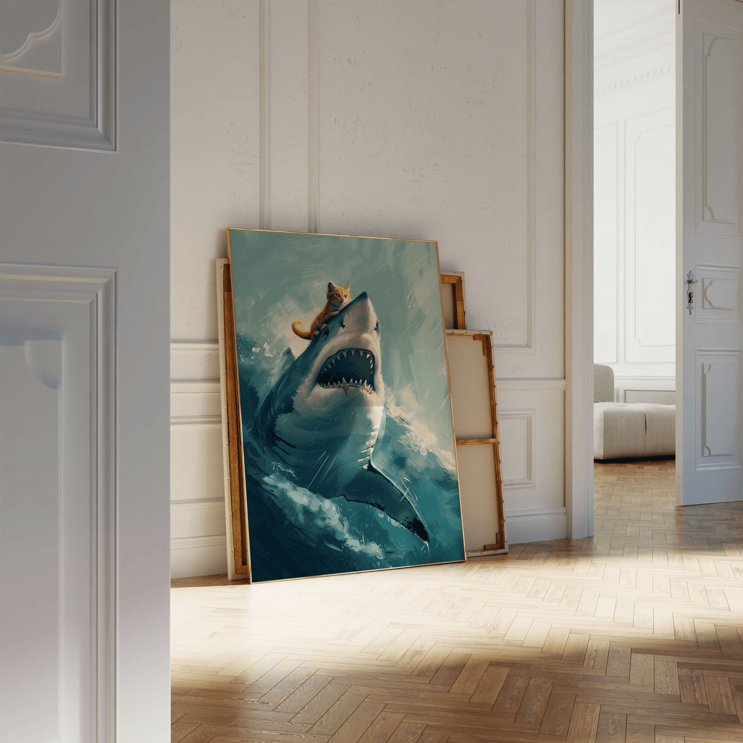 Painting poster of a cute orange cat riding on top of an angry great white shark, leaning against a white bathroom wall.