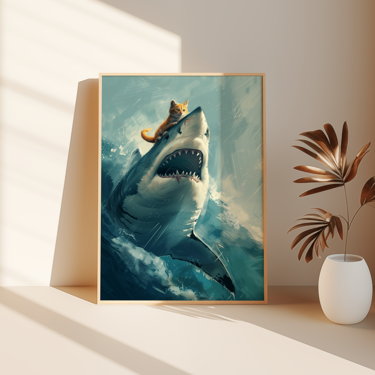 Painting poster of a cute orange cat riding on top of an angry great white shark, leaning against the bedroom floor.