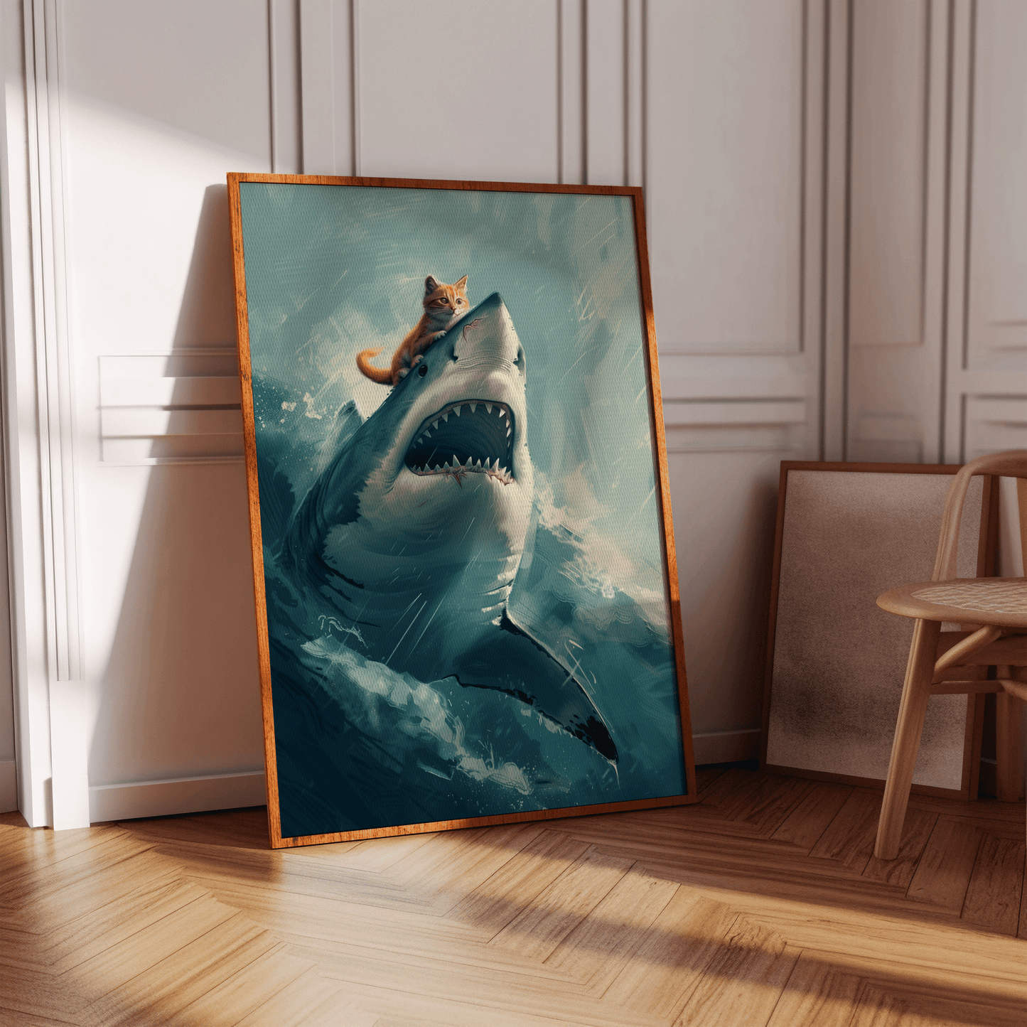 Painting poster of a cute orange cat riding on top of an angry great white shark, a hallway in view of natural sunlight.
