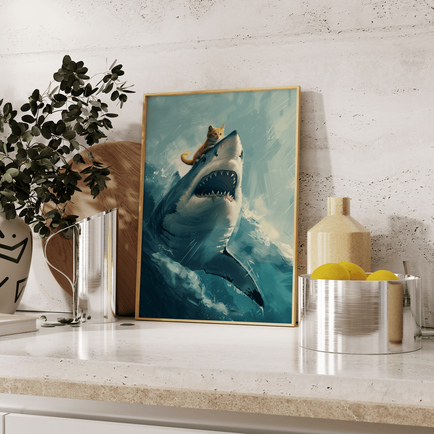 Painting poster of a cute orange cat riding on top of an angry great white shark, leaning against the kitchen counter.