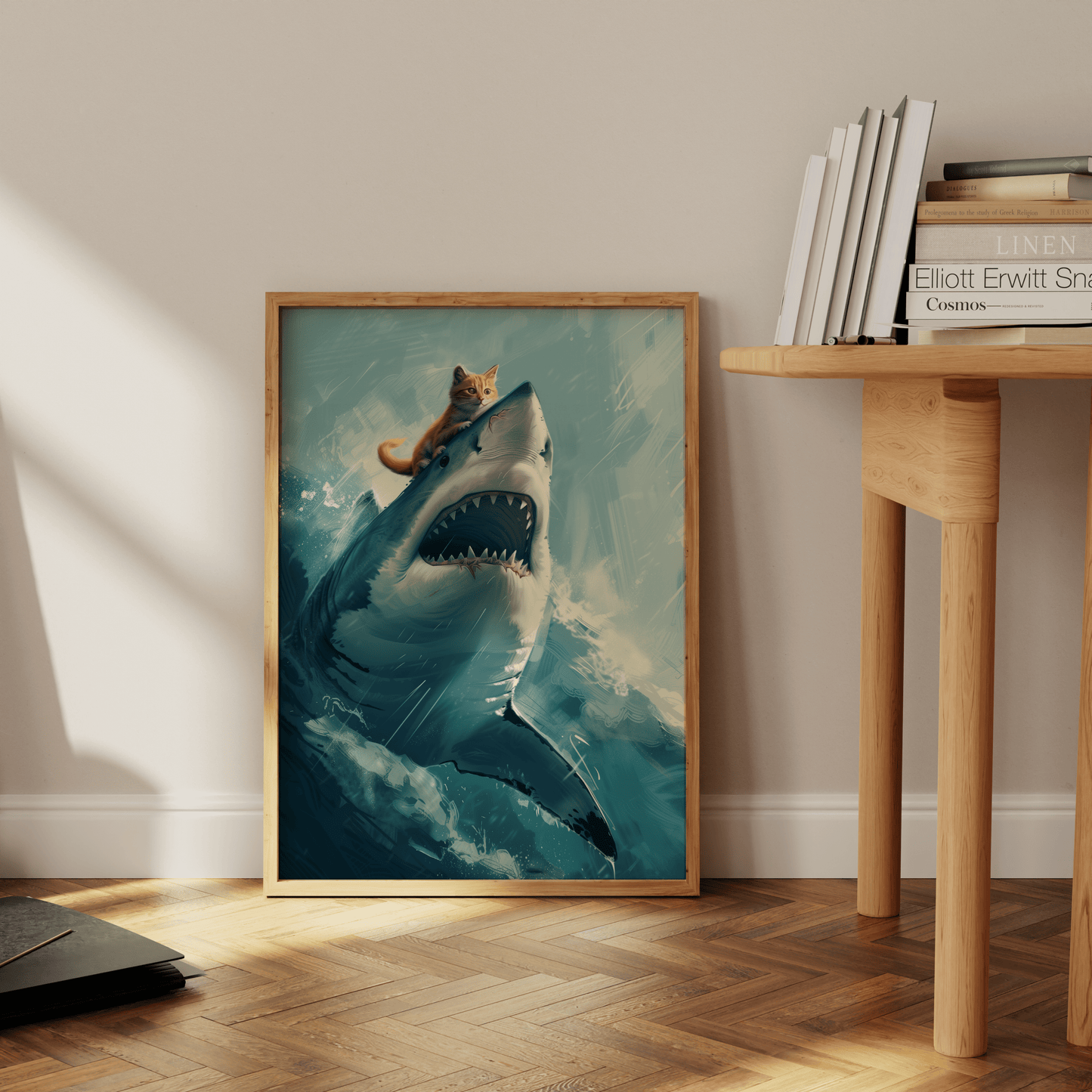 Painting poster of a cute orange cat riding on top of an angry great white shark, leaning against the office wall.