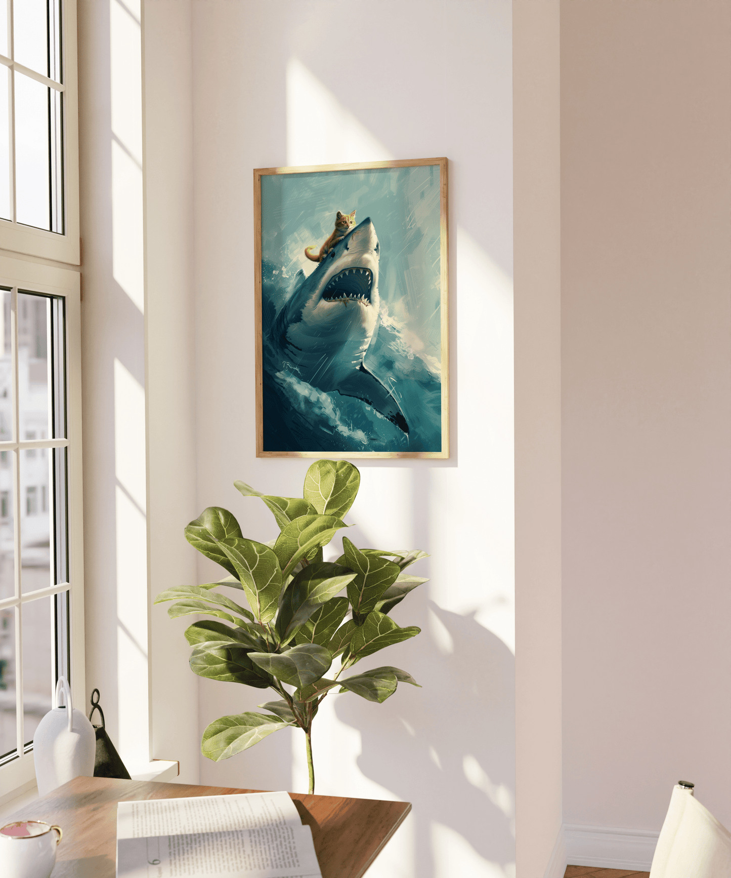 Painting poster of a cute orange cat riding on top of an angry great white shark, on a blank wall.