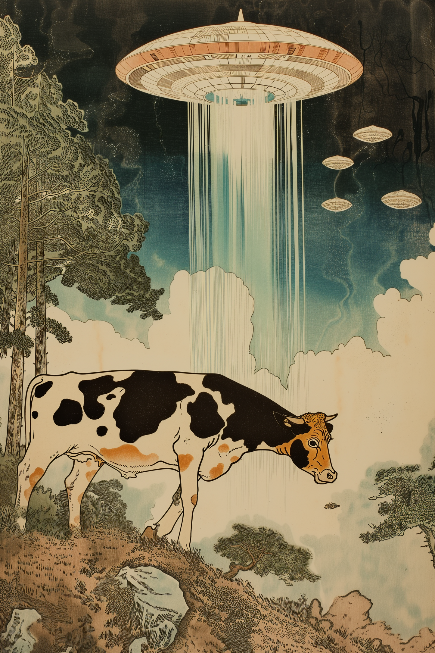 A Japanese woodblock painting featuring a cow being abducted by aliens during the Edo period.