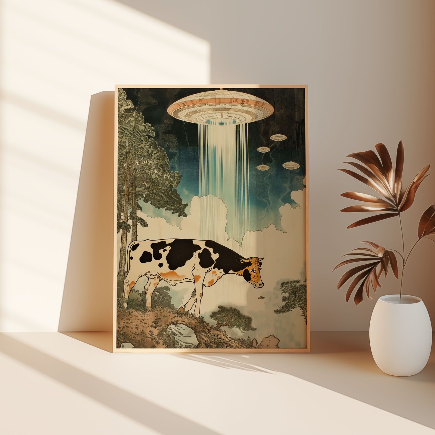 Japanese woodblock painting of a cow being abducted by aliens during the Edo period, leaning against the bedroom floor.
