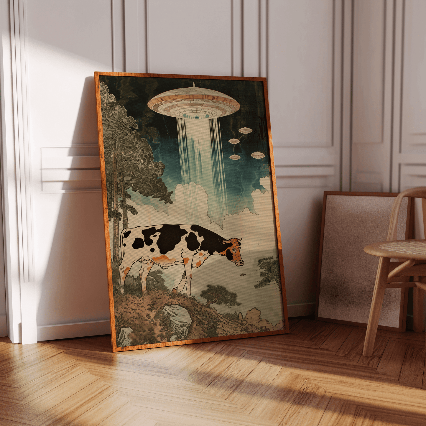 Japanese woodblock painting featuring a cow being abducted by aliens during the Edo period, in a hallway in view of sunlight.