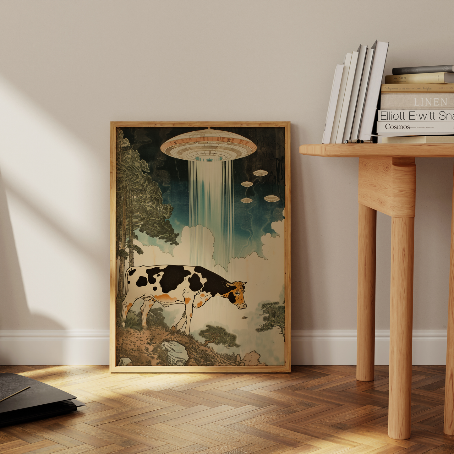 Japanese woodblock painting of a cow being abducted by aliens during the Edo period, leaning against the office wall.