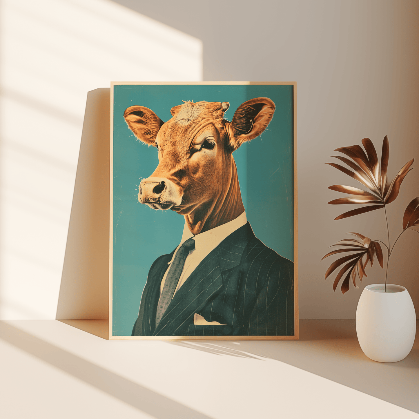 Paw Prints poster portrait of a cow wearing a suit, leaning against the bedroom floor.