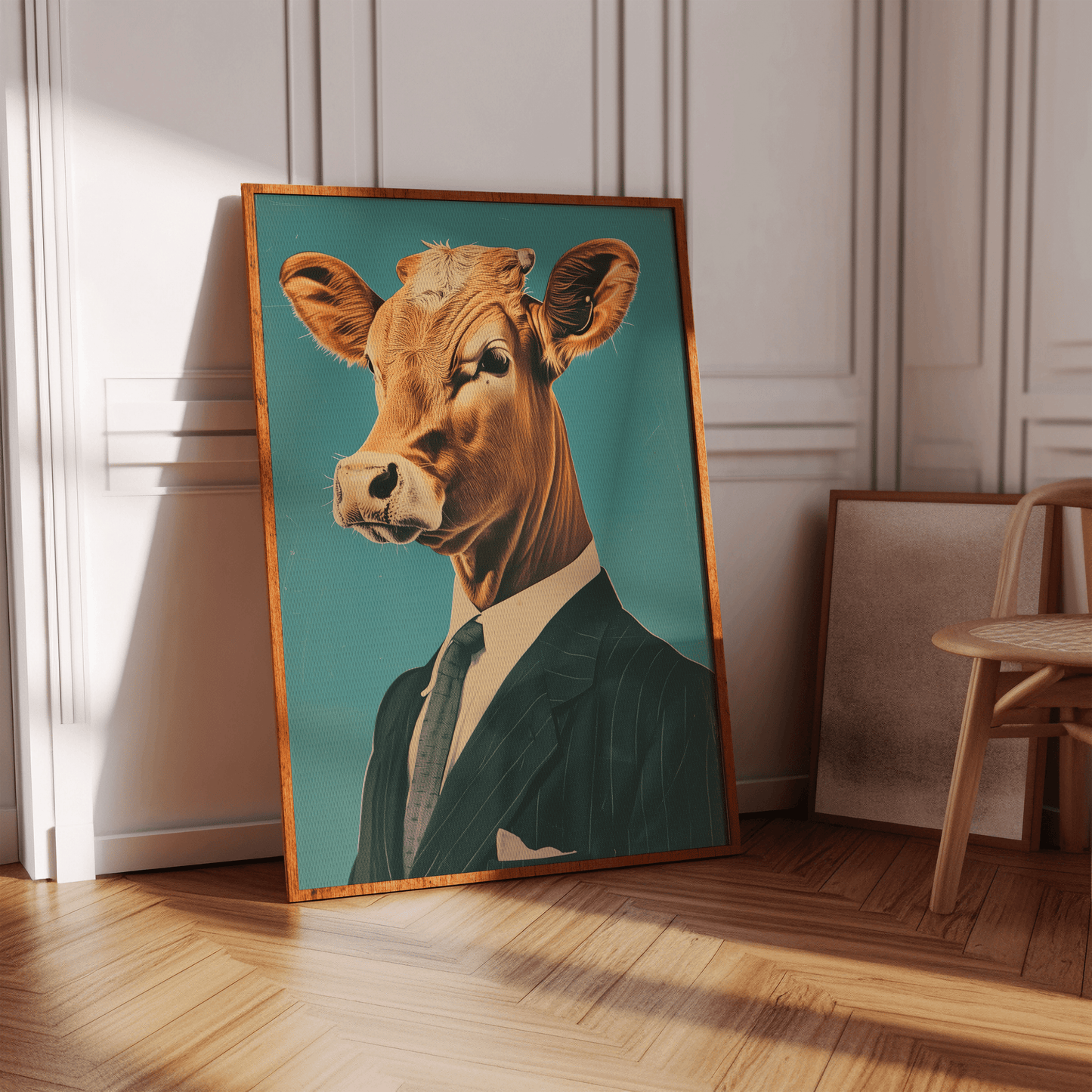 A poster portrait of a cow wearing a suit, in a white Victorian hallway in view of natural sunlight.