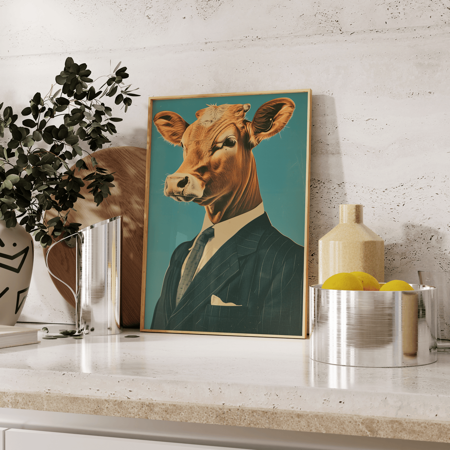 Paw Prints poster portrait of a cow wearing a suit, leaning against the kitchen counter.