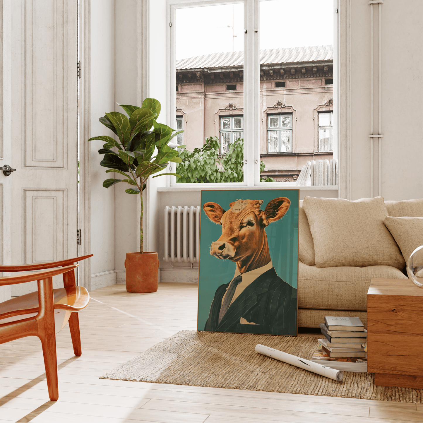 Paw Prints poster portrait of a cow wearing a suit, leaning on a couch in the living room.