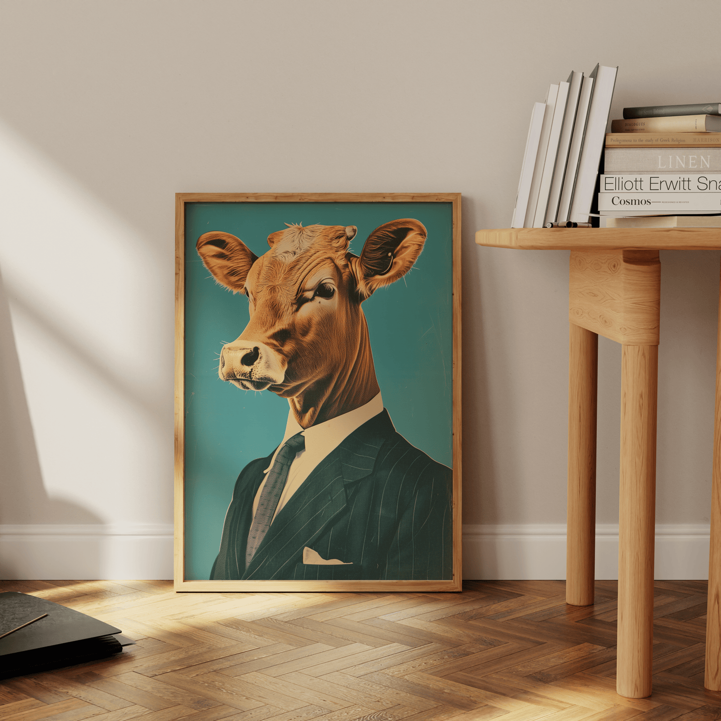 Paw Prints poster portrait of a cow wearing a suit, leaning against the office wall.