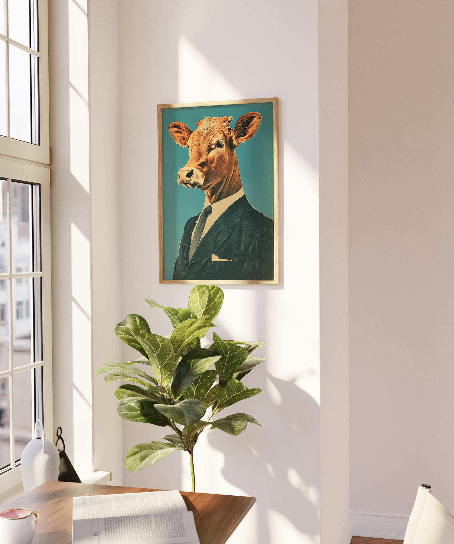 Paw Prints poster portrait of a cow wearing a suit, on a blank wall.
