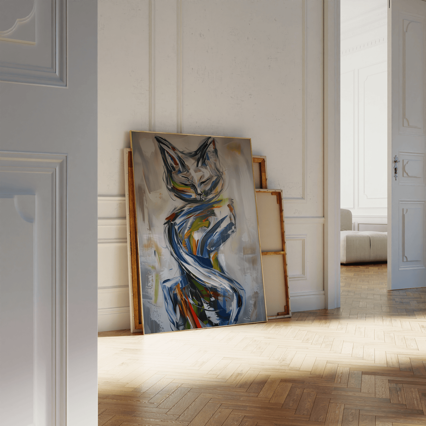 Abstract painting of an elegant cat, full body, dynamic brush strokes, leaning against a white bathroom wall.