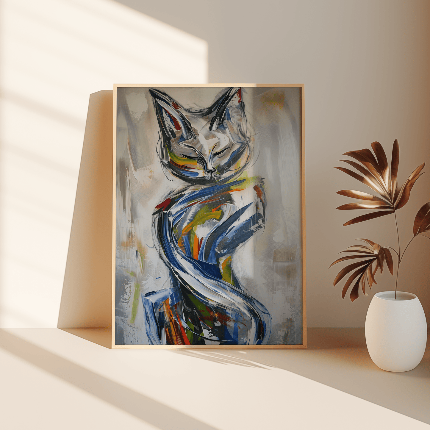 Paw Prints painting of a cow surfing on a wave in sunny San Diego, leaning against the bedroom floor.